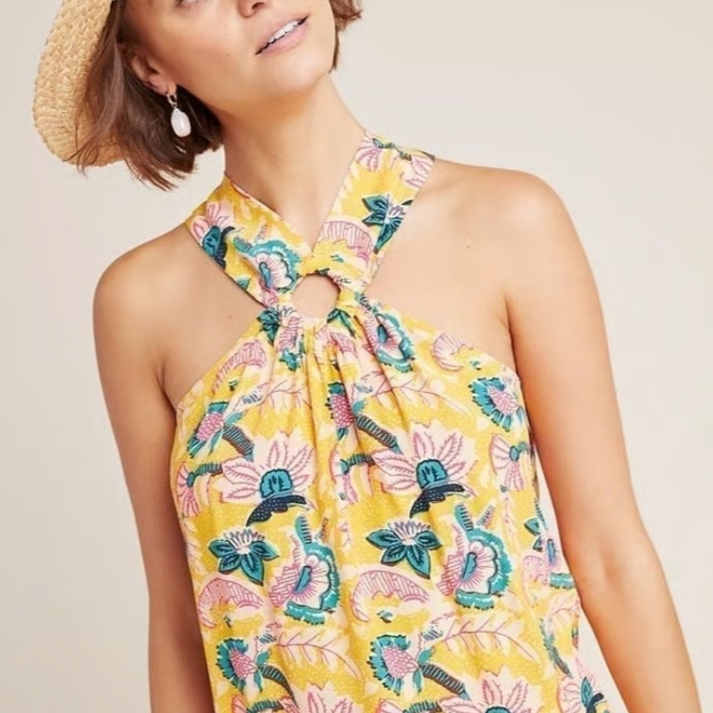 Anthropologie Yellow Floral Ring Halter Tank
